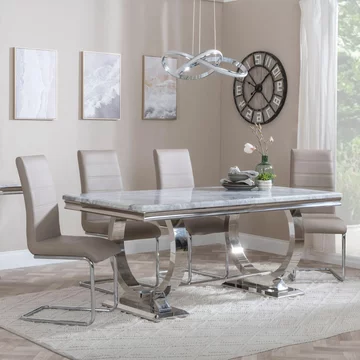 Glacier dining set - 6 seater - 180cm - grey marble & chrome - roma dining chairs - beige faux leather