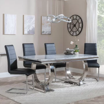 Glacier dining set - 6 seater - 180cm - grey marble & chrome - roma dining chairs - black faux leather