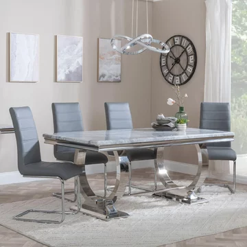 Glacier dining set - 6 seater - 180cm - grey marble & chrome - roma dining chairs - grey faux leather