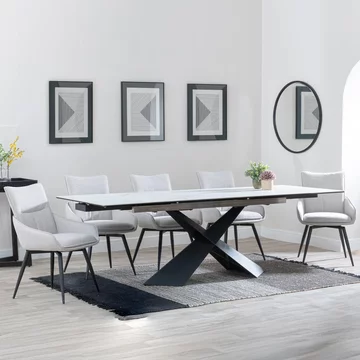 Get 2 chairs free - clearance - hayden extending dining set - 160cm-240cm - white ceramic - ace swivel chair - beige fabric