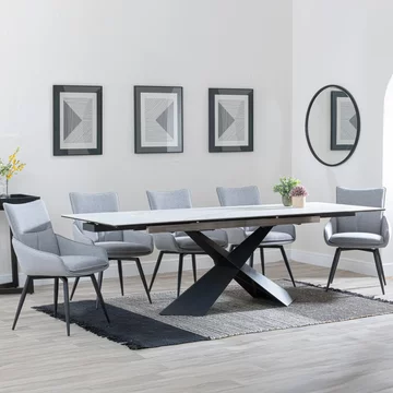 Clearance - hayden extending dining set - 160cm-240cm - white ceramic - ace swivel chair - grey fabric