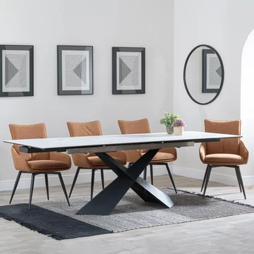 Clearance - hayden extending dining set - 160cm-240cm - white ceramic - ace swivel chair - orange fabric