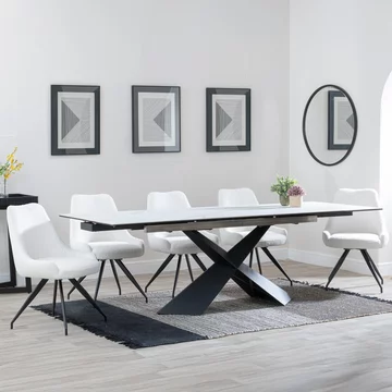 Get 2 chairs free - clearance - hayden extending dining set - 160cm-240cm - white ceramic - arctic swivel chair - cream velvet fabric