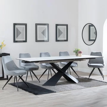 Get 2 chairs free - clearance - hayden extending dining set - 160cm-240cm - white ceramic - arctic swivel chair - grey velvet fabric