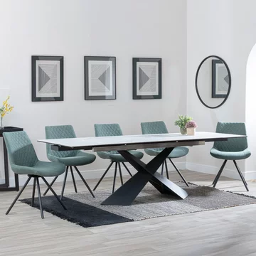 Get 2 chairs free - clearance - hayden extending dining set - 160cm-240cm - white ceramic - boden swivel chair - green fabric