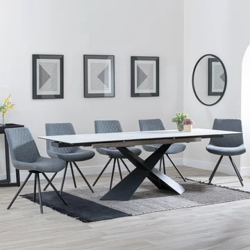 Get 2 chairs free - clearance - hayden extending dining set - 160cm-240cm - white ceramic - boden swivel chair - grey fabric