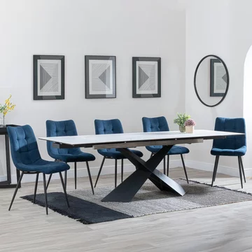 Get 2 chairs free - clearance - hayden extending dining set - 160cm-240cm - white ceramic - corona chair - blue fabric