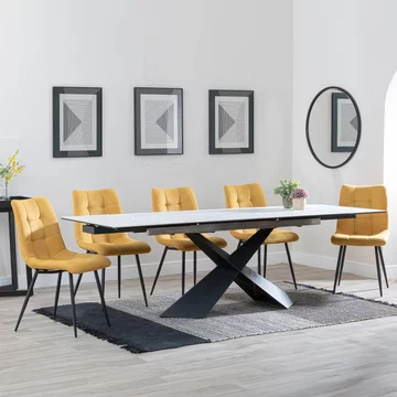 Clearance - hayden extending dining set - 160cm-240cm - white ceramic - corona chair - yellow fabric