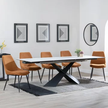 Get 2 chairs free - clearance - hayden extending dining set - 160cm-240cm - white ceramic - darwin chair - orange fabric