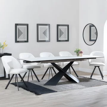 Clearance - hayden extending dining set - 160cm-240cm - white ceramic - ion swivel chair - cream boucle fabric