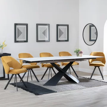 Get 2 chairs free - clearance - hayden extending dining set - 160cm-240cm - white ceramic - ion swivel chair - mustard velvet fabric