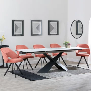 Get 2 chairs free - clearance - hayden extending dining set - 160cm-240cm - white ceramic - ion swivel chair - orange velvet fabric