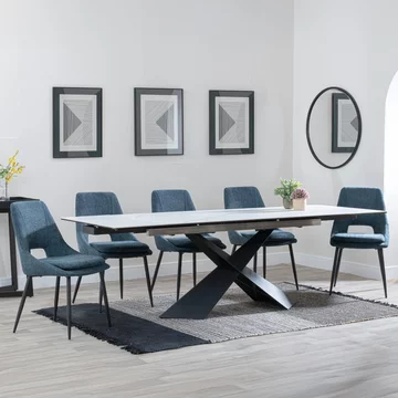 Get 2 chairs free - clearance - hayden extending dining set - 160cm-240cm - white ceramic - peyton chair - blue fabric