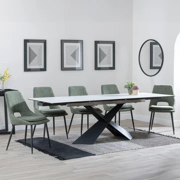 Get 2 chairs free - clearance - hayden extending dining set - 160cm-240cm - white ceramic - peyton chair - green fabric