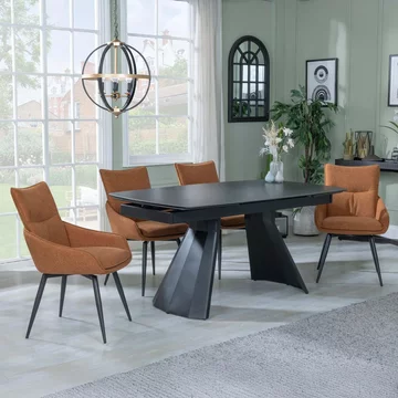 Clearance - kinston extending dining set - 6-10 seater - 160cm-240cm - black ceramic - ace swivel dining chairs - orange fabric