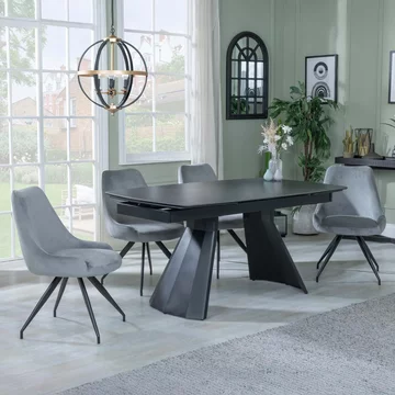 Clearance - kinston extending dining set - 6-10 seater - 160cm-240cm - black ceramic - arctic swivel dining chairs - grey velvet fabric