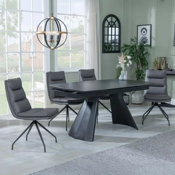 Clearance - kinston extending dining set - 6-10 seater - 160cm-240cm - black ceramic - diego swivel dining chairs - grey leather