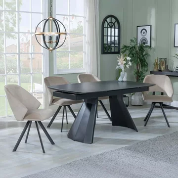 Clearance - kinston extending dining set - 6-10 seater - 160cm-240cm - black ceramic - ion swivel dining chairs - beige velvet fabric