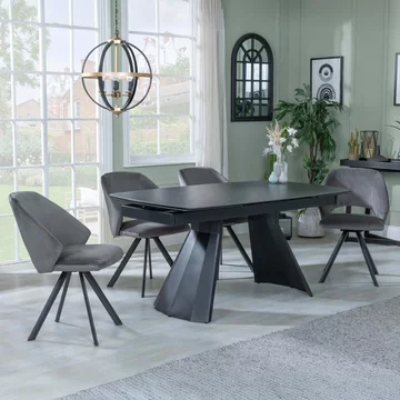 Clearance - kinston extending dining set - 6-10 seater - 160cm-240cm - black ceramic - ion swivel dining chairs - dark grey velvet fabric