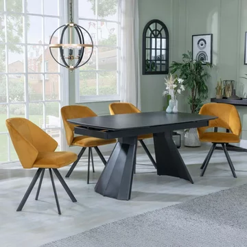 Clearance - kinston extending dining set - 6-10 seater - 160cm-240cm - black ceramic - ion swivel dining chairs - mustard velvet fabric