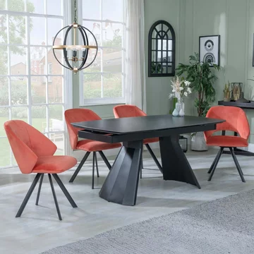 Clearance - kinston extending dining set - 6-10 seater - 160cm-240cm - black ceramic - ion swivel dining chairs - orange velvet fabric