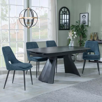 Clearance - kinston extending dining set - 6-10 seater - 160cm-240cm - black ceramic - peyton dining chairs - blue fabric