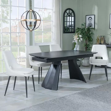 Clearance - kinston extending dining set - 6-10 seater - 160cm-240cm - black ceramic - peyton dining chairs - cream fabric