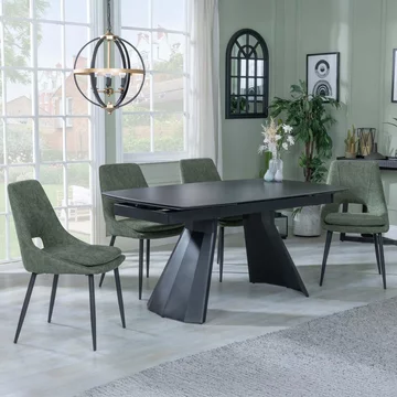 Clearance - kinston extending dining set - 6-10 seater - 160cm-240cm - black ceramic - peyton dining chairs - green fabric