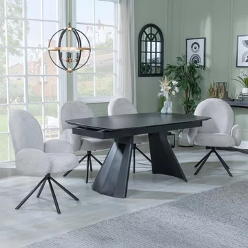 Clearance - kinston extending dining set - 6-10 seater - 160cm-240cm - black ceramic - theo swivel dining chairs - grey fabric