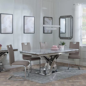 Lisbon dining set - 6 seater - 160cm - grey marble & chrome - bianco dining chairs - beige faux leather