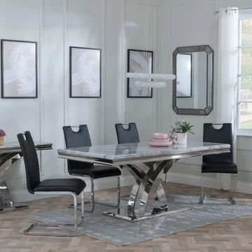 Lisbon dining set - 6 seater - 160cm - grey marble & chrome - bianco dining chairs - black faux leather