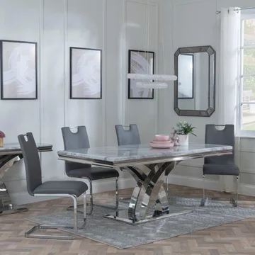 Lisbon dining set - 6 seater - 160cm - grey marble & chrome - bianco dining chairs - grey faux leather