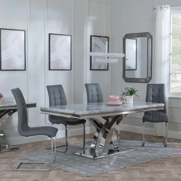 Lisbon dining set - 6 seater - 160cm - grey marble & chrome - jamison dining chairs - grey faux leather