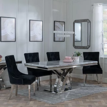 Lisbon dining set - 6 seater - 160cm - grey marble & chrome - knocker back dining chairs - black velvet fabric - chrome legs