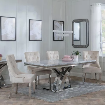Lisbon dining set - 6 seater - 160cm - grey marble & chrome - knocker back dining chairs - champagne velvet fabric - chrome legs