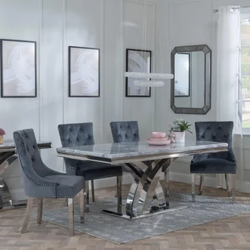Lisbon dining set - 6 seater - 160cm - grey marble & chrome - knocker back dining chairs - grey velvet fabric - chrome legs