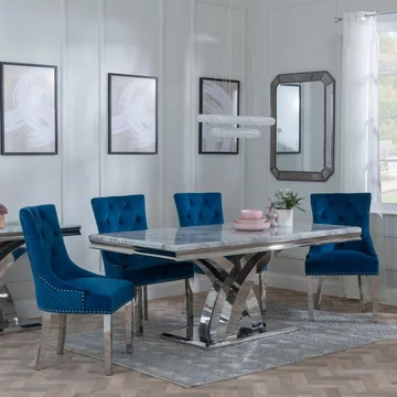 Lisbon dining set - 6 seater - 160cm - grey marble & chrome - lion knocker back dining chairs - blue velvet fabric - chrome legs