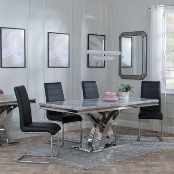 Lisbon dining set - 6 seater - 160cm - grey marble & chrome - roma dining chairs - black faux leather