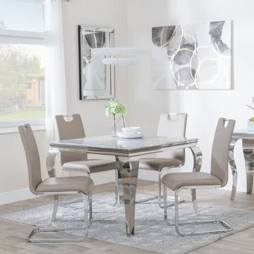 Louis dining set - 4 seater - 100cm - square - grey marble & chrome - 4x bianco dining chairs - beige faux leather