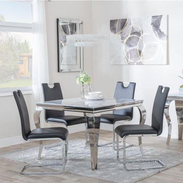 Louis dining set - 4 seater - 100cm - square - grey marble & chrome - 4x bianco dining chairs - black faux leather