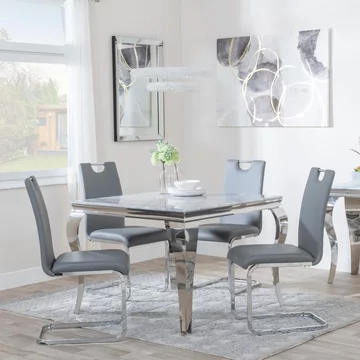 Louis dining set - 4 seater - 100cm - square - grey marble & chrome - 4x bianco dining chairs - grey faux leather