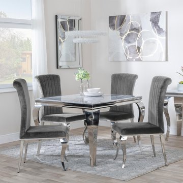 Louis dining set - 4 seater - 100cm - square - grey marble & chrome - 4x dining chairs - grey velvet fabric