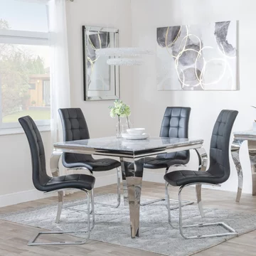Louis dining set - 4 seater - 100cm - square - grey marble & chrome - 4x jamison dining chairs - black faux leather