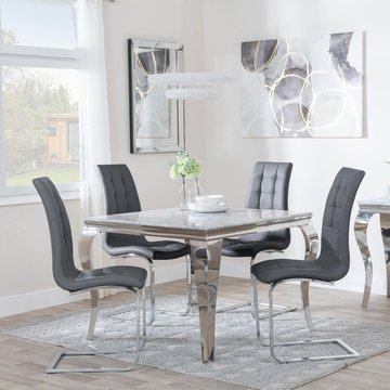 Louis dining set - 4 seater - 100cm - square - grey marble & chrome - 4x jamison dining chairs - grey faux leather