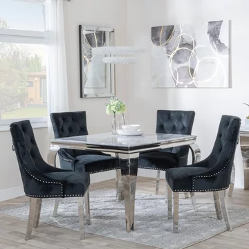 Louis dining set - 4 seater - 100cm - square - grey marble & chrome - 4x knocker back dining chairs - black velvet fabric - chrome legs