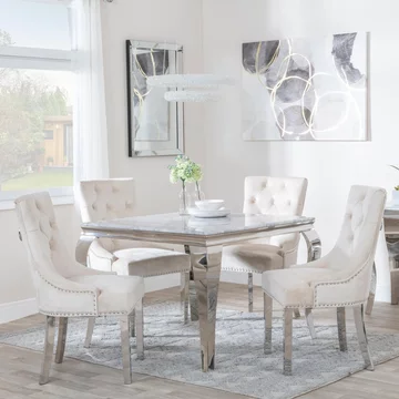 Louis dining set - 4 seater - 100cm - square - grey marble & chrome - 4x knocker back dining chairs - champagne velvet fabric - chrome legs