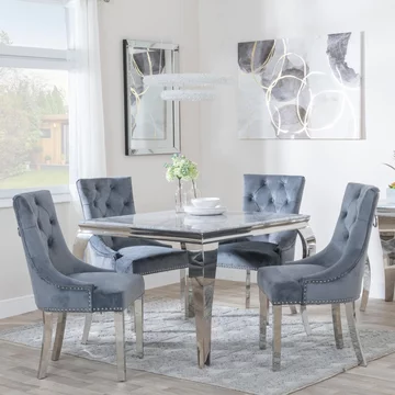 Louis dining set - 4 seater - 100cm - square - grey marble & chrome - 4x knocker back dining chairs - grey velvet fabric - chrome legs