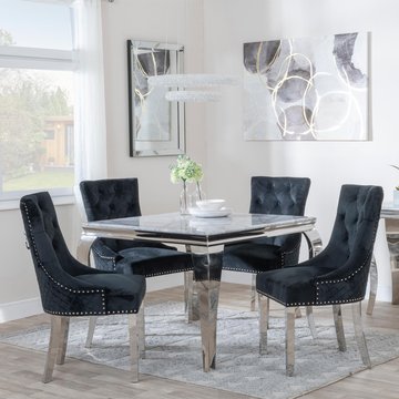 Louis dining set - 4 seater - 100cm - square - grey marble & chrome - 4x lion knocker back dining chairs - black velvet fabric - chrome legs