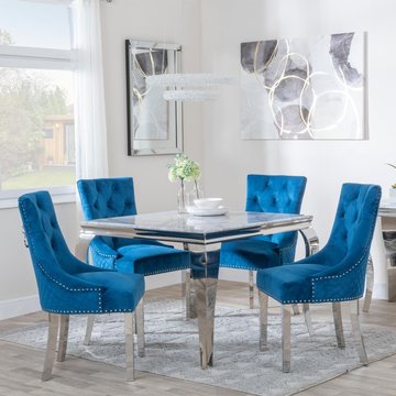 Louis dining set - 4 seater - 100cm - square - grey marble & chrome - 4x lion knocker back dining chairs - blue velvet fabric - chrome legs