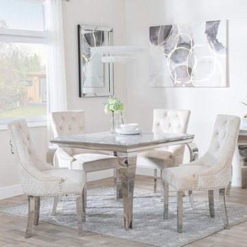 Louis dining set - 4 seater - 100cm - square - grey marble & chrome - 4x lion knocker back dining chairs - champagne velvet fabric - chrome legs